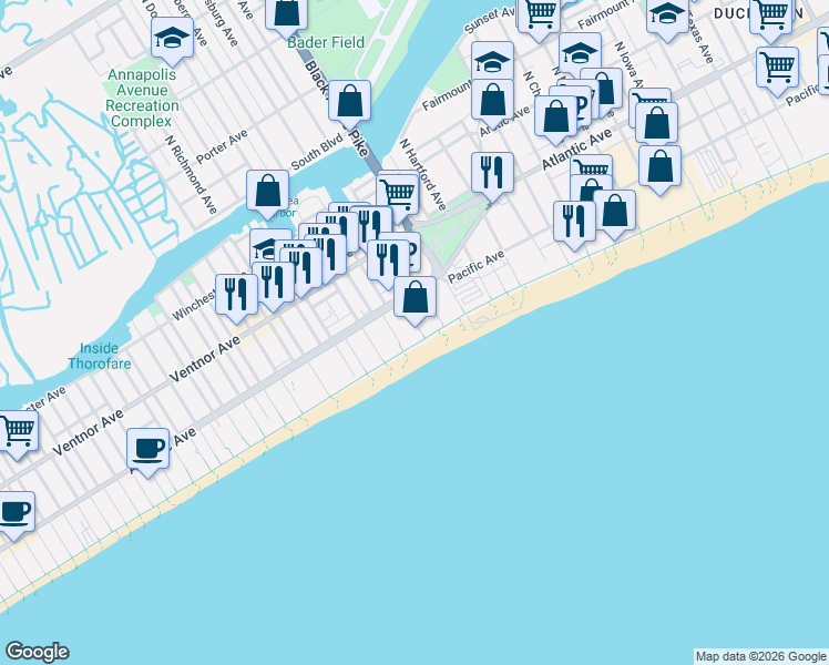 map of restaurants, bars, coffee shops, grocery stores, and more near 124 John A. Seedorf Lane in Atlantic City