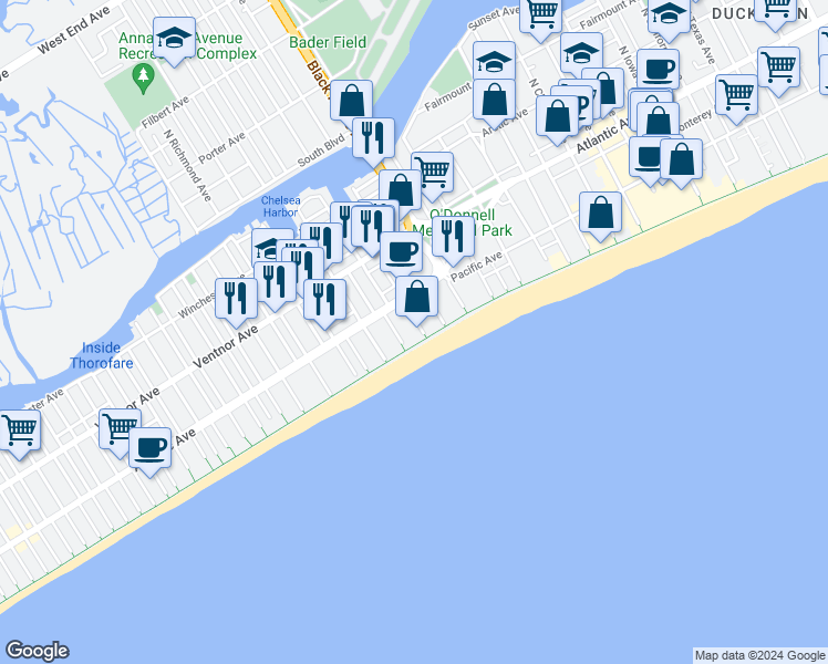 map of restaurants, bars, coffee shops, grocery stores, and more near 3901 Boardwalk in Atlantic City