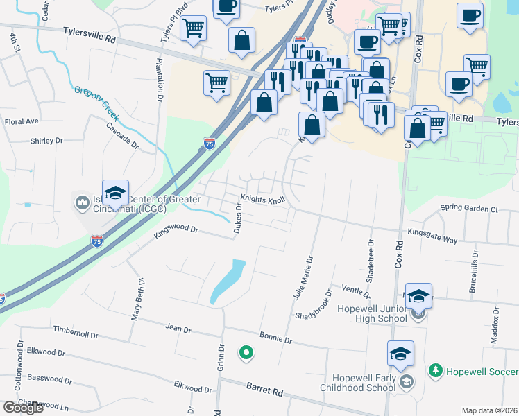 map of restaurants, bars, coffee shops, grocery stores, and more near 7706 Granby Way in Butler County