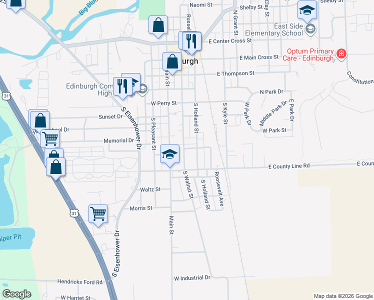 map of restaurants, bars, coffee shops, grocery stores, and more near 602 South Walnut Street in Edinburgh