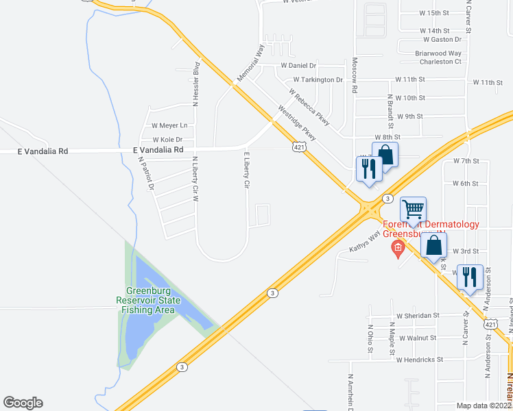 map of restaurants, bars, coffee shops, grocery stores, and more near 1400 West Ashford Drive in Greensburg