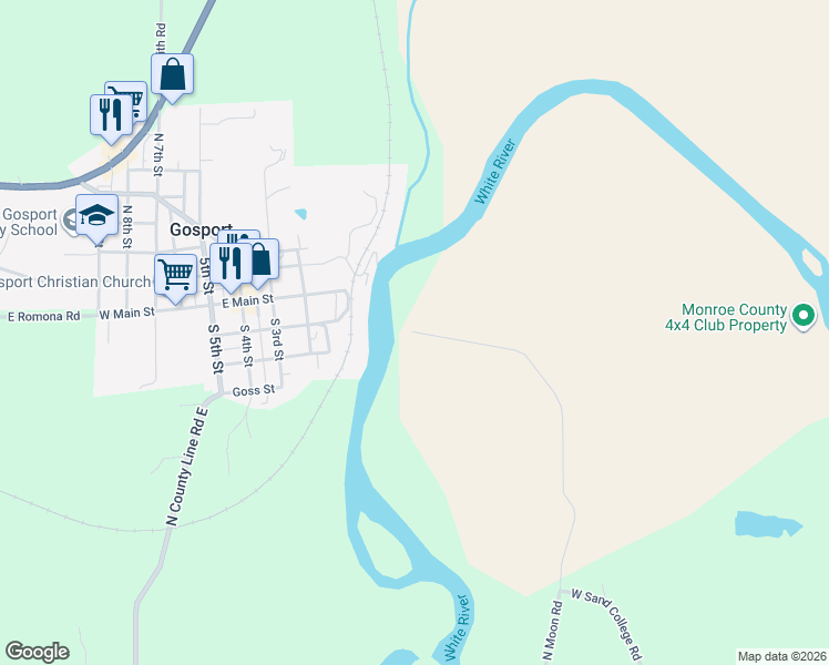 map of restaurants, bars, coffee shops, grocery stores, and more near 9899 North Moon Road in Gosport