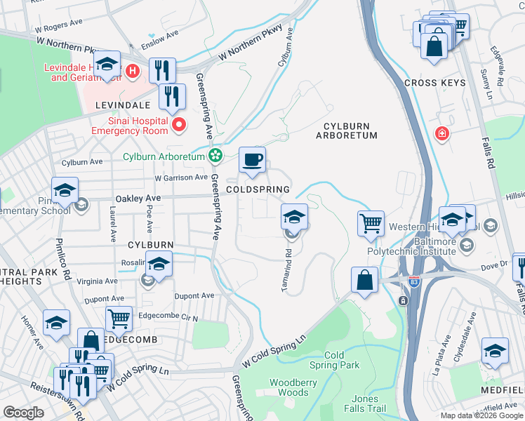 map of restaurants, bars, coffee shops, grocery stores, and more near 2303 Bayleaf Court in Baltimore
