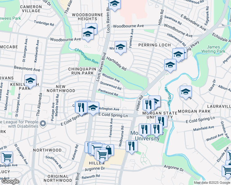 map of restaurants, bars, coffee shops, grocery stores, and more near 1556 Pentwood Road in Baltimore