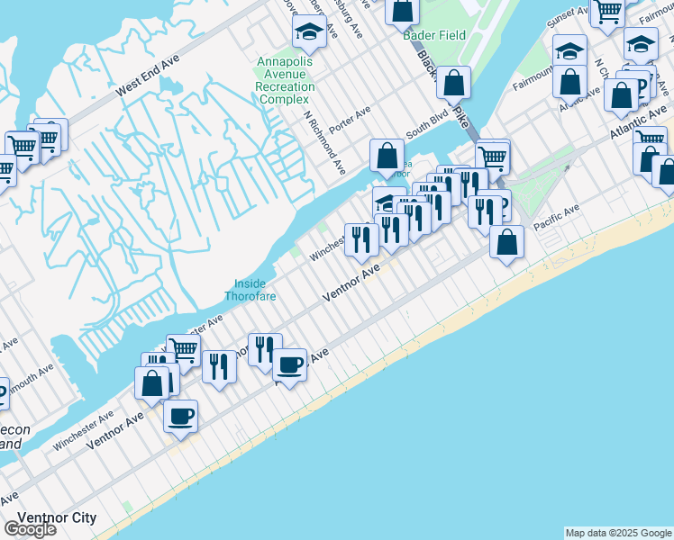 map of restaurants, bars, coffee shops, grocery stores, and more near 4 Bartram Avenue in Atlantic City