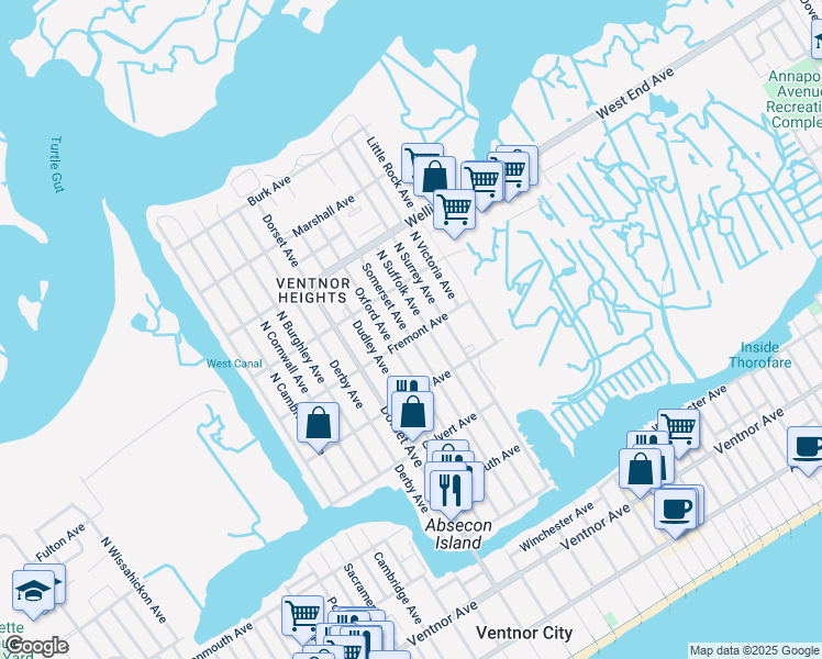 map of restaurants, bars, coffee shops, grocery stores, and more near 503 North Somerset Avenue in Ventnor City