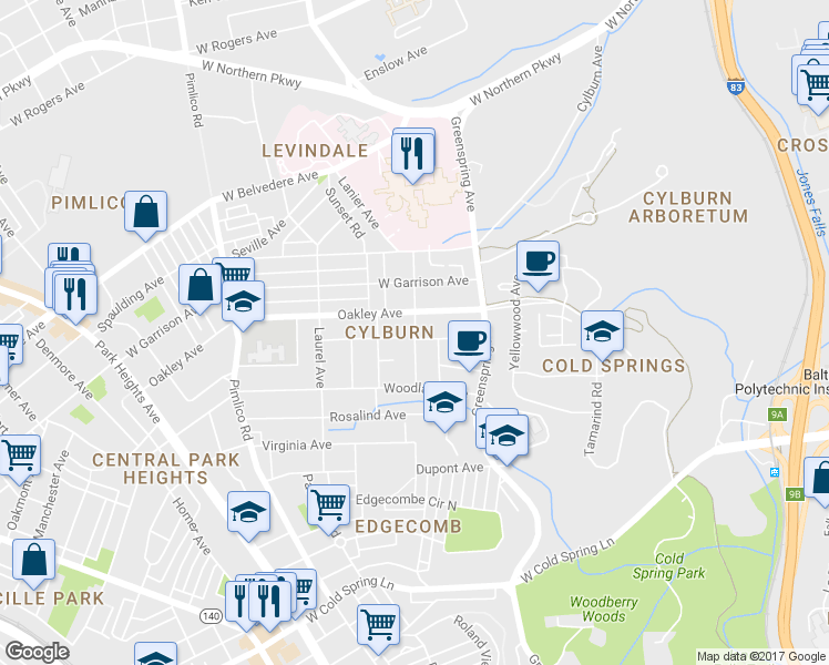 map of restaurants, bars, coffee shops, grocery stores, and more near Lanier Avenue in Baltimore
