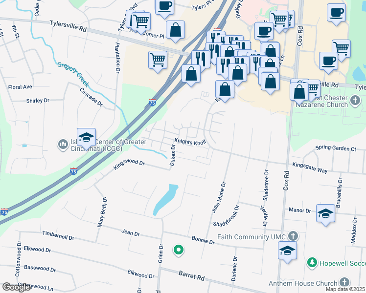 map of restaurants, bars, coffee shops, grocery stores, and more near 7500 Easton Court in Butler County