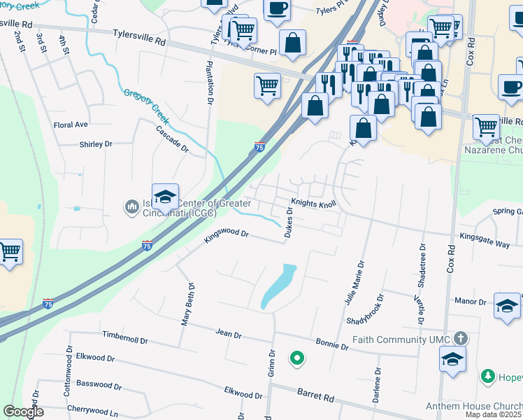 map of restaurants, bars, coffee shops, grocery stores, and more near 7642 Berkshire Court in Butler County