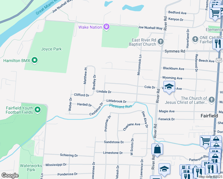 map of restaurants, bars, coffee shops, grocery stores, and more near 77 Lindale Drive in Fairfield