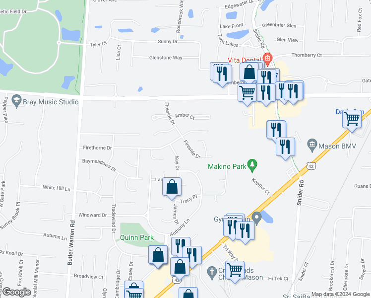 map of restaurants, bars, coffee shops, grocery stores, and more near 6247 Fireside Drive in Mason