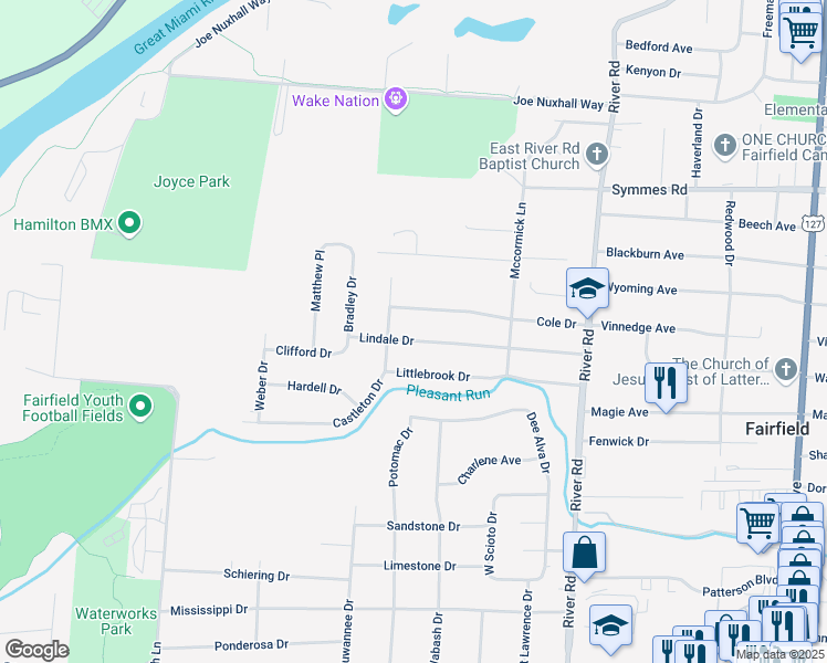map of restaurants, bars, coffee shops, grocery stores, and more near 77 Lindale Drive in Fairfield
