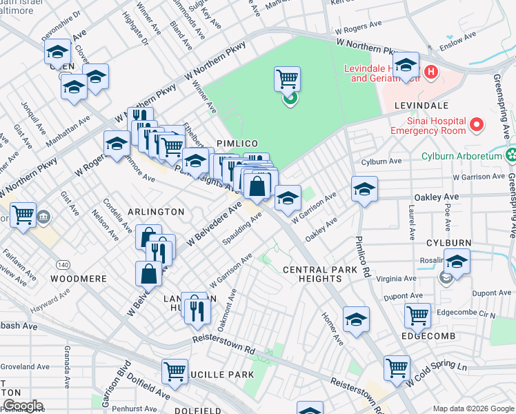 map of restaurants, bars, coffee shops, grocery stores, and more near 5114 Park Heights Avenue in Baltimore