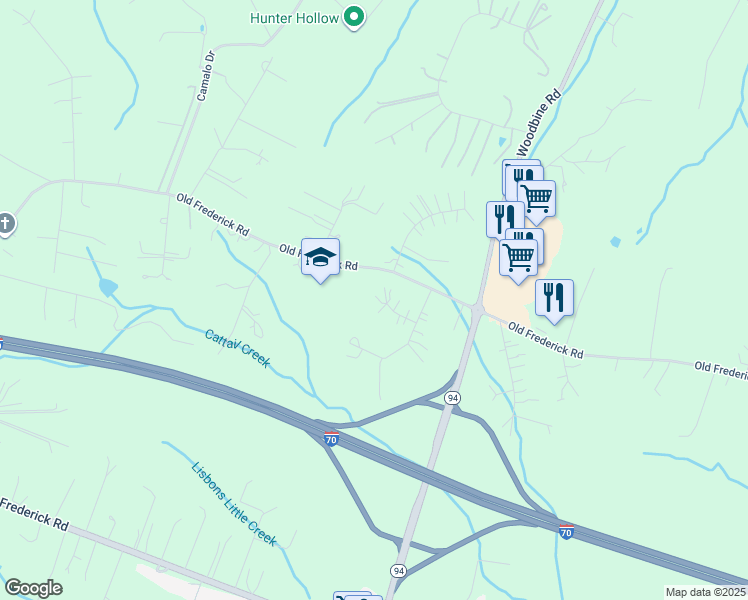 map of restaurants, bars, coffee shops, grocery stores, and more near 16013 Lady Camarin Court in Mount Airy