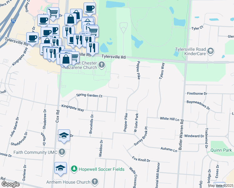 map of restaurants, bars, coffee shops, grocery stores, and more near 7763 Spring Garden Court in Butler County