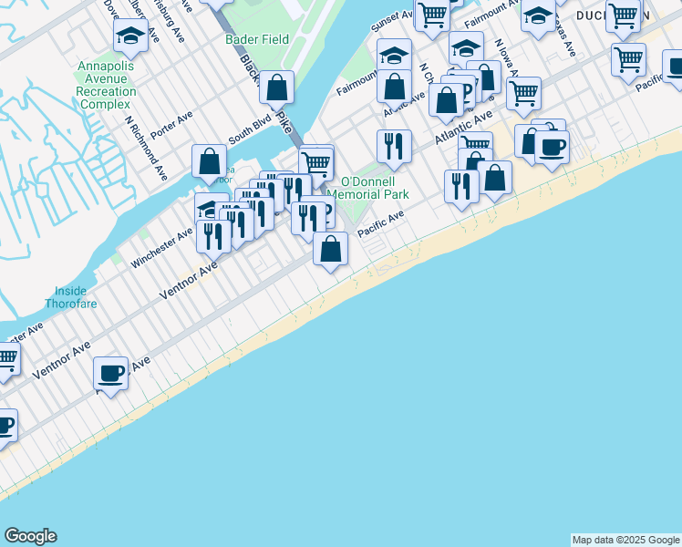 map of restaurants, bars, coffee shops, grocery stores, and more near 3825 Boardwalk in Atlantic City