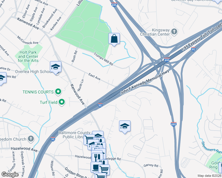 map of restaurants, bars, coffee shops, grocery stores, and more near 5805 East Avenue in Baltimore