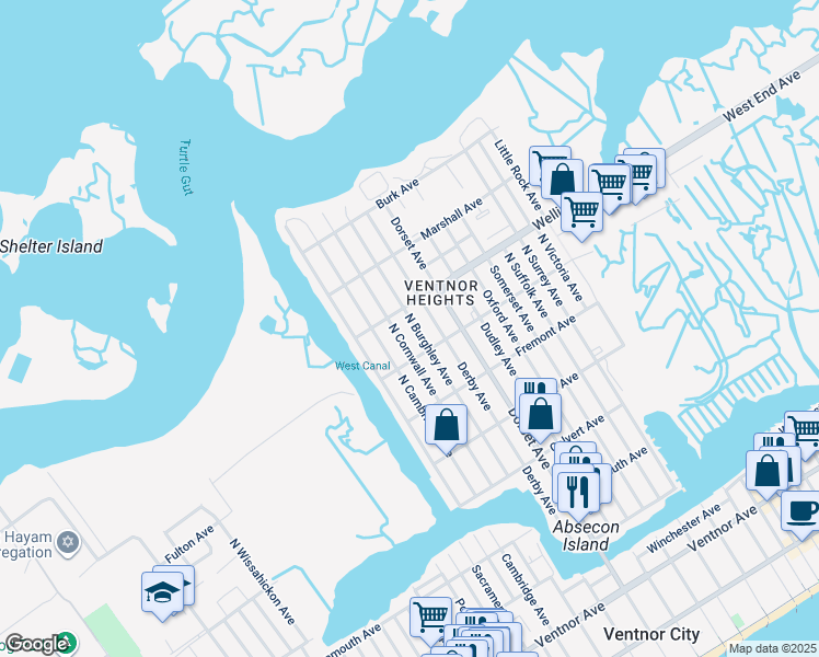 map of restaurants, bars, coffee shops, grocery stores, and more near 608 North Burghley Avenue in Ventnor City