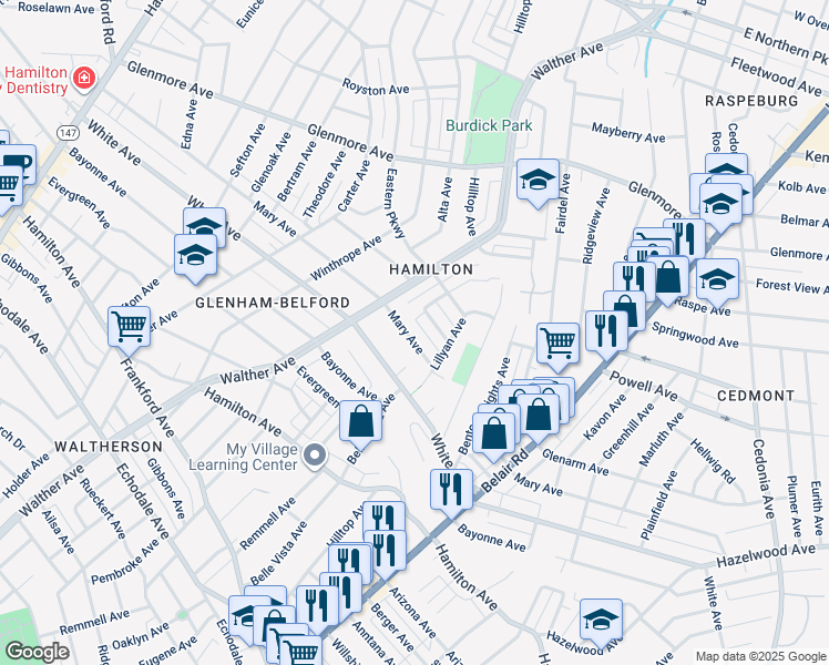 map of restaurants, bars, coffee shops, grocery stores, and more near 3800 Mary Avenue in Baltimore