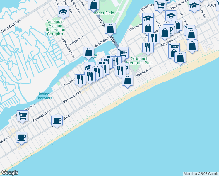 map of restaurants, bars, coffee shops, grocery stores, and more near 112 South Dover Avenue in Atlantic City
