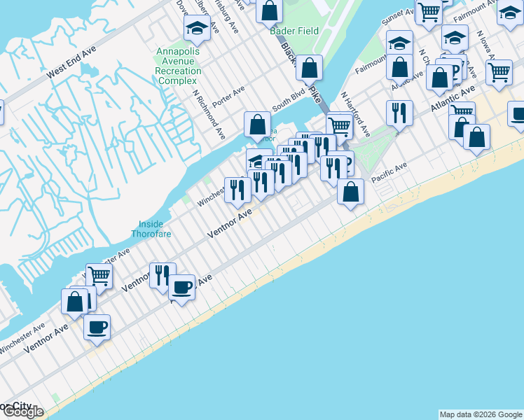map of restaurants, bars, coffee shops, grocery stores, and more near 35 South Laclede Place in Atlantic City