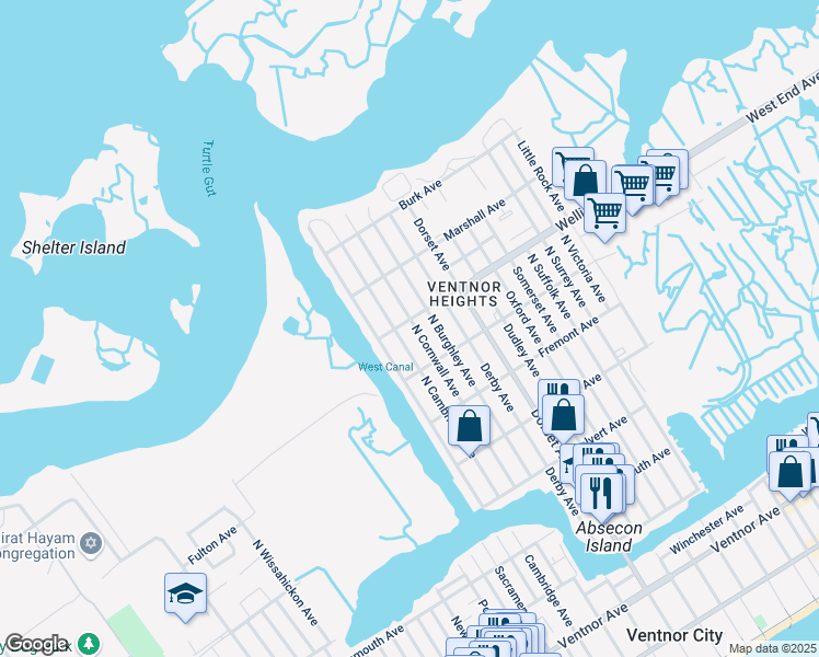 map of restaurants, bars, coffee shops, grocery stores, and more near 612 North Cambridge Avenue in Ventnor City
