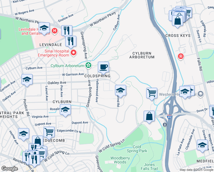 map of restaurants, bars, coffee shops, grocery stores, and more near 2300 Bayleaf Court in Baltimore