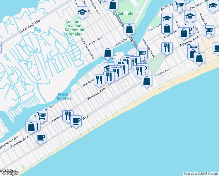 map of restaurants, bars, coffee shops, grocery stores, and more near 35 South Laclede Place in Atlantic City