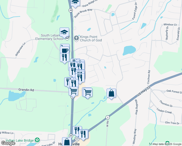 map of restaurants, bars, coffee shops, grocery stores, and more near 132 Arbor Glen Court in Maineville