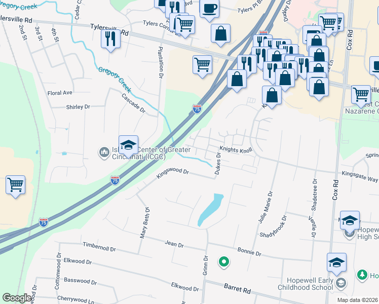 map of restaurants, bars, coffee shops, grocery stores, and more near 7395 Saxony Drive in Butler County