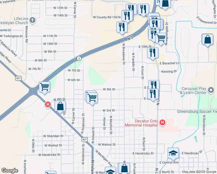 map of restaurants, bars, coffee shops, grocery stores, and more near 201 West 5th Street in Greensburg