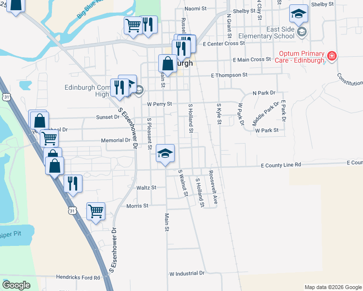 map of restaurants, bars, coffee shops, grocery stores, and more near 602 South Walnut Street in Edinburgh