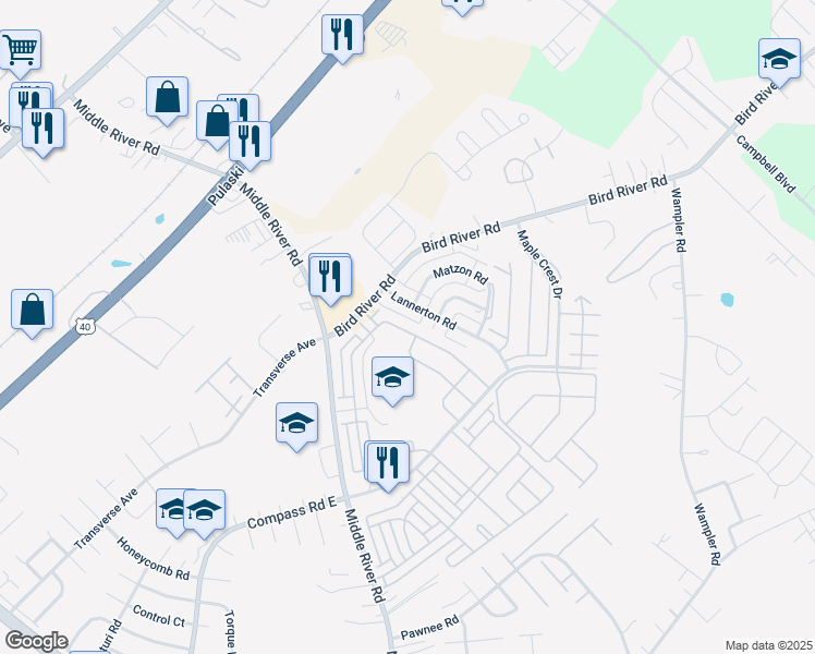 map of restaurants, bars, coffee shops, grocery stores, and more near 9818 Decatur Road in Middle River