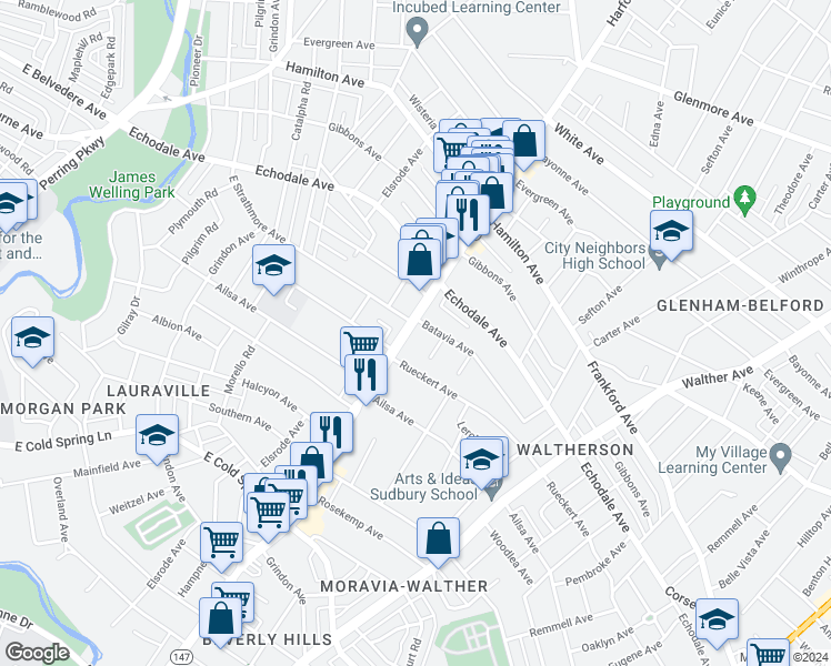 map of restaurants, bars, coffee shops, grocery stores, and more near 5125 Harford Road in Baltimore