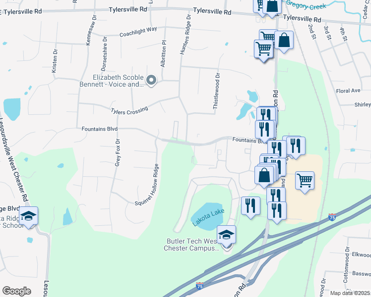map of restaurants, bars, coffee shops, grocery stores, and more near 6657 Fountains Boulevard in Butler County