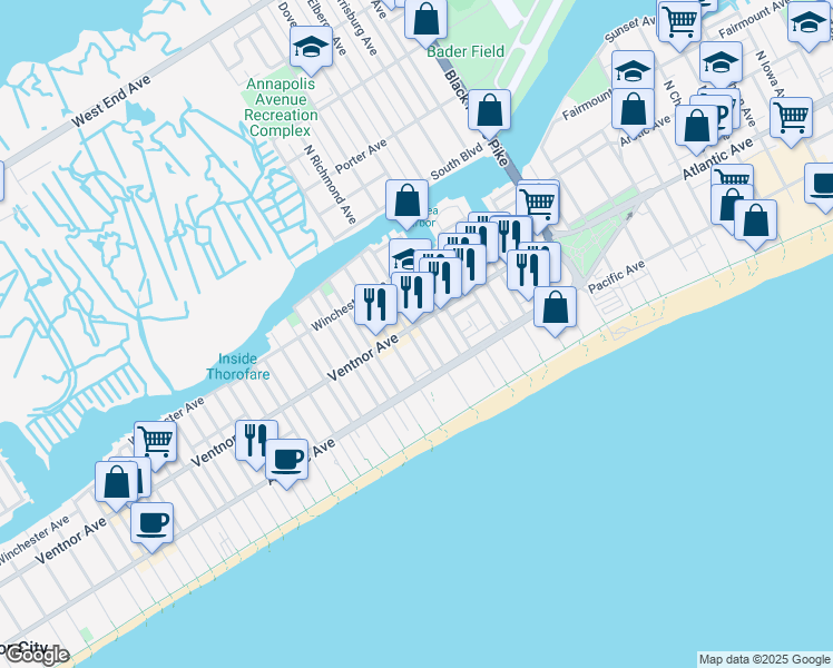 map of restaurants, bars, coffee shops, grocery stores, and more near 35 South Laclede Place in Atlantic City
