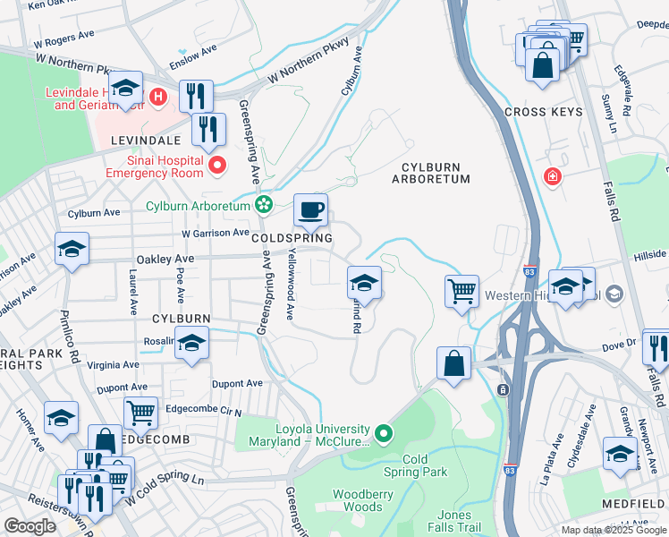 map of restaurants, bars, coffee shops, grocery stores, and more near 2223 Deerfern Crescent in Baltimore