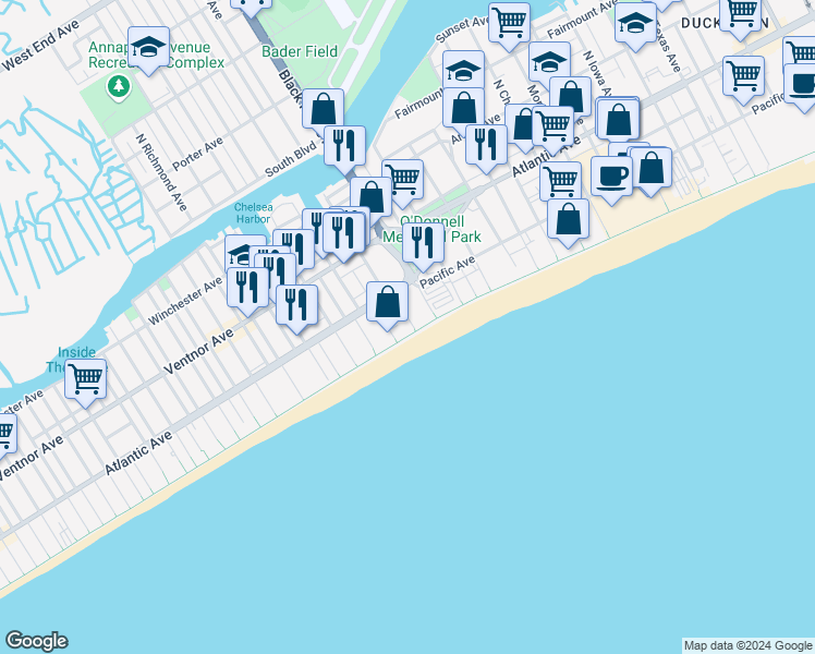 map of restaurants, bars, coffee shops, grocery stores, and more near 3825 Boardwalk in Atlantic City