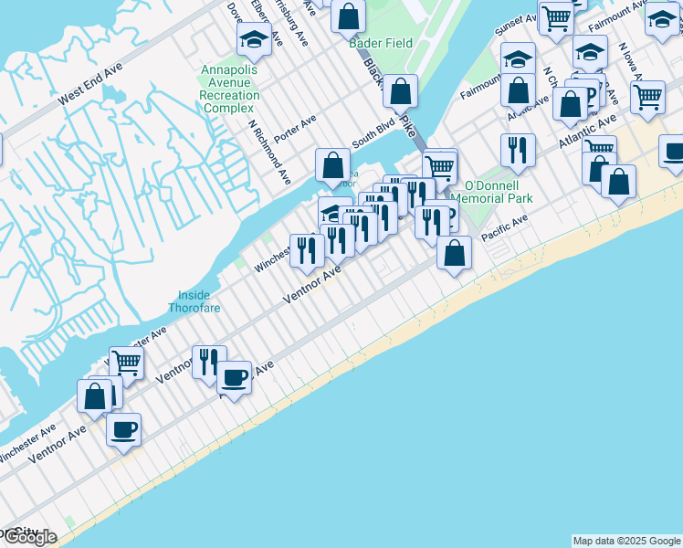 map of restaurants, bars, coffee shops, grocery stores, and more near 35 South Laclede Place in Atlantic City