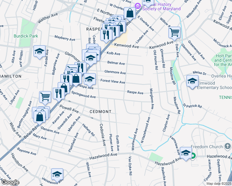 map of restaurants, bars, coffee shops, grocery stores, and more near 4425 Raspe Avenue in Baltimore
