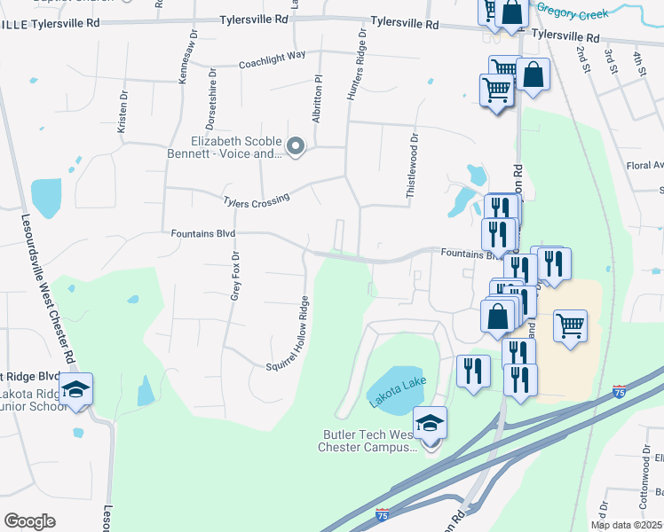 map of restaurants, bars, coffee shops, grocery stores, and more near 6657 Fountains Boulevard in Butler County