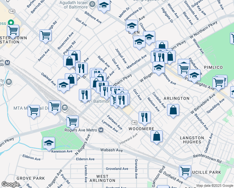 map of restaurants, bars, coffee shops, grocery stores, and more near 5505 Minnoka Avenue in Baltimore