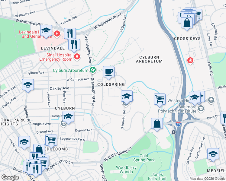 map of restaurants, bars, coffee shops, grocery stores, and more near 2303 Bayleaf Court in Baltimore