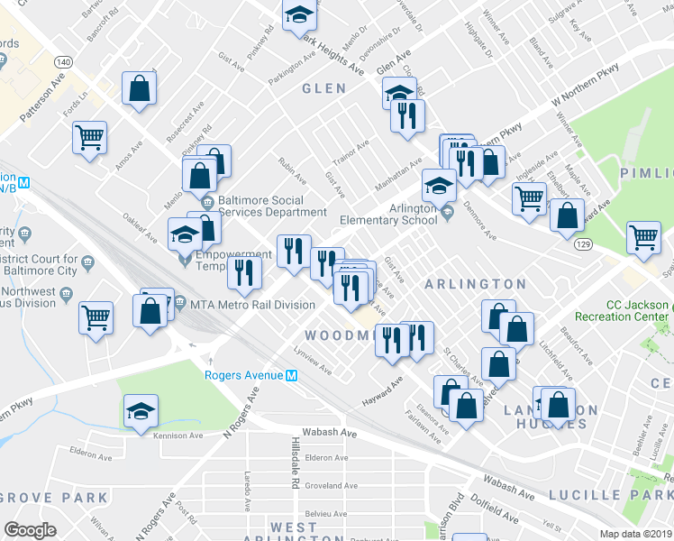 map of restaurants, bars, coffee shops, grocery stores, and more near 5505 Minnoka Avenue in Baltimore