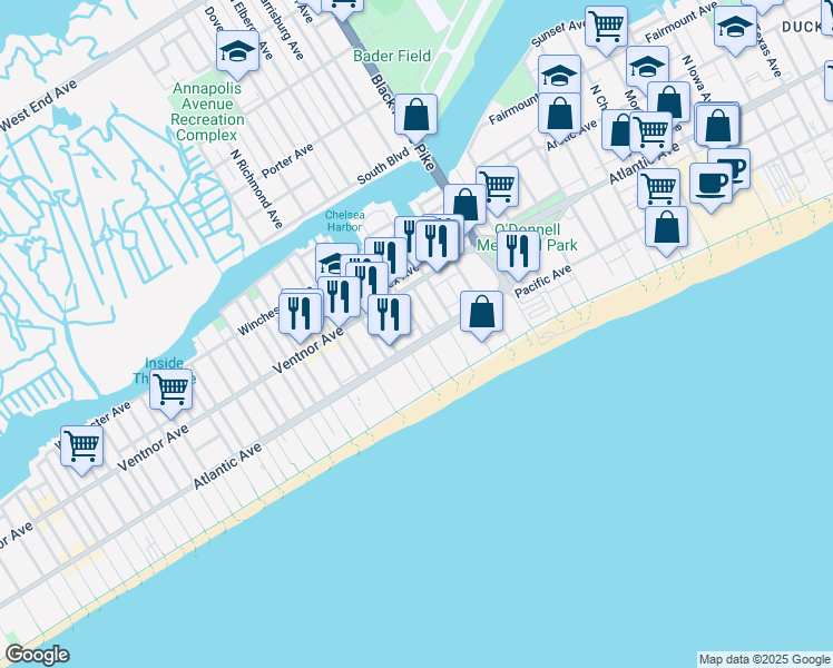 map of restaurants, bars, coffee shops, grocery stores, and more near 112 South Dover Avenue in Atlantic City