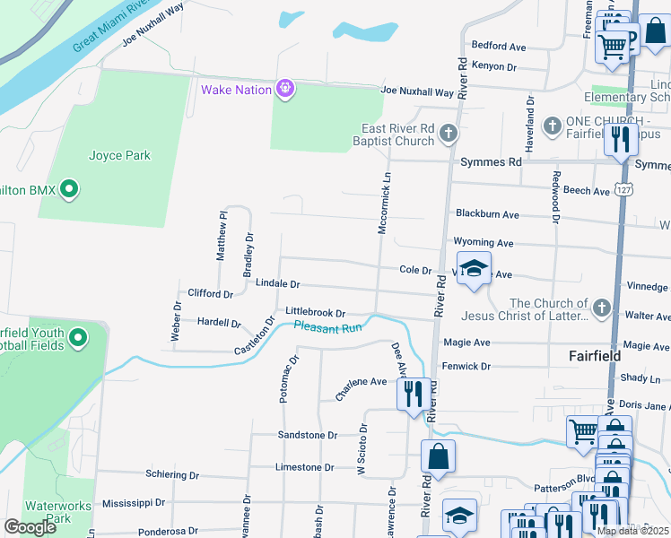 map of restaurants, bars, coffee shops, grocery stores, and more near 125 Lindale Drive in Fairfield