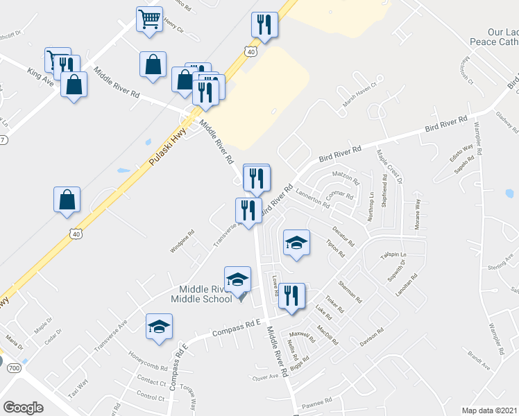 map of restaurants, bars, coffee shops, grocery stores, and more near 901 Middle River Road in Middle River
