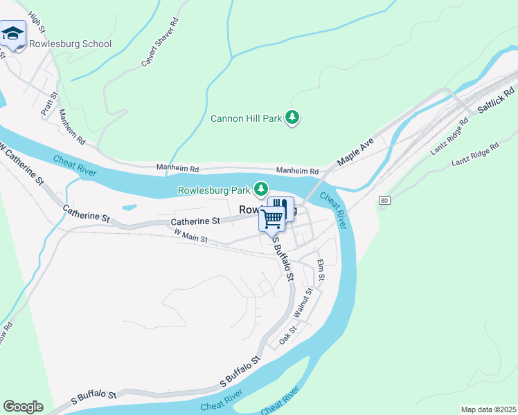 map of restaurants, bars, coffee shops, grocery stores, and more near in Rowlesburg