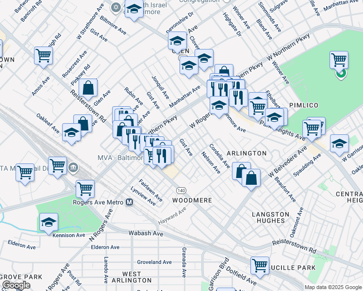map of restaurants, bars, coffee shops, grocery stores, and more near 5434 Gist Avenue in Baltimore