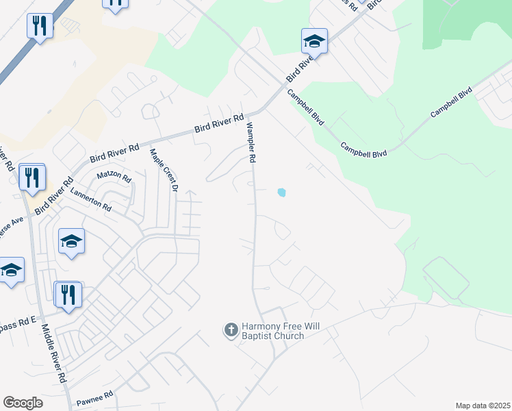 map of restaurants, bars, coffee shops, grocery stores, and more near 1007 Wampler Road in Middle River